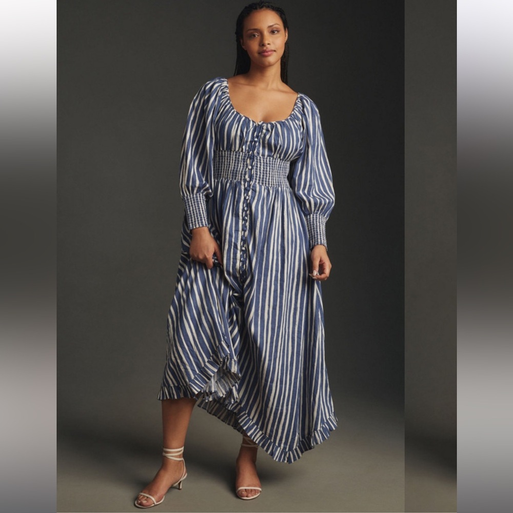 Anthropologie Long-Sleeve Sweetheart Midi Dress Blue and White Striped NWT XXS